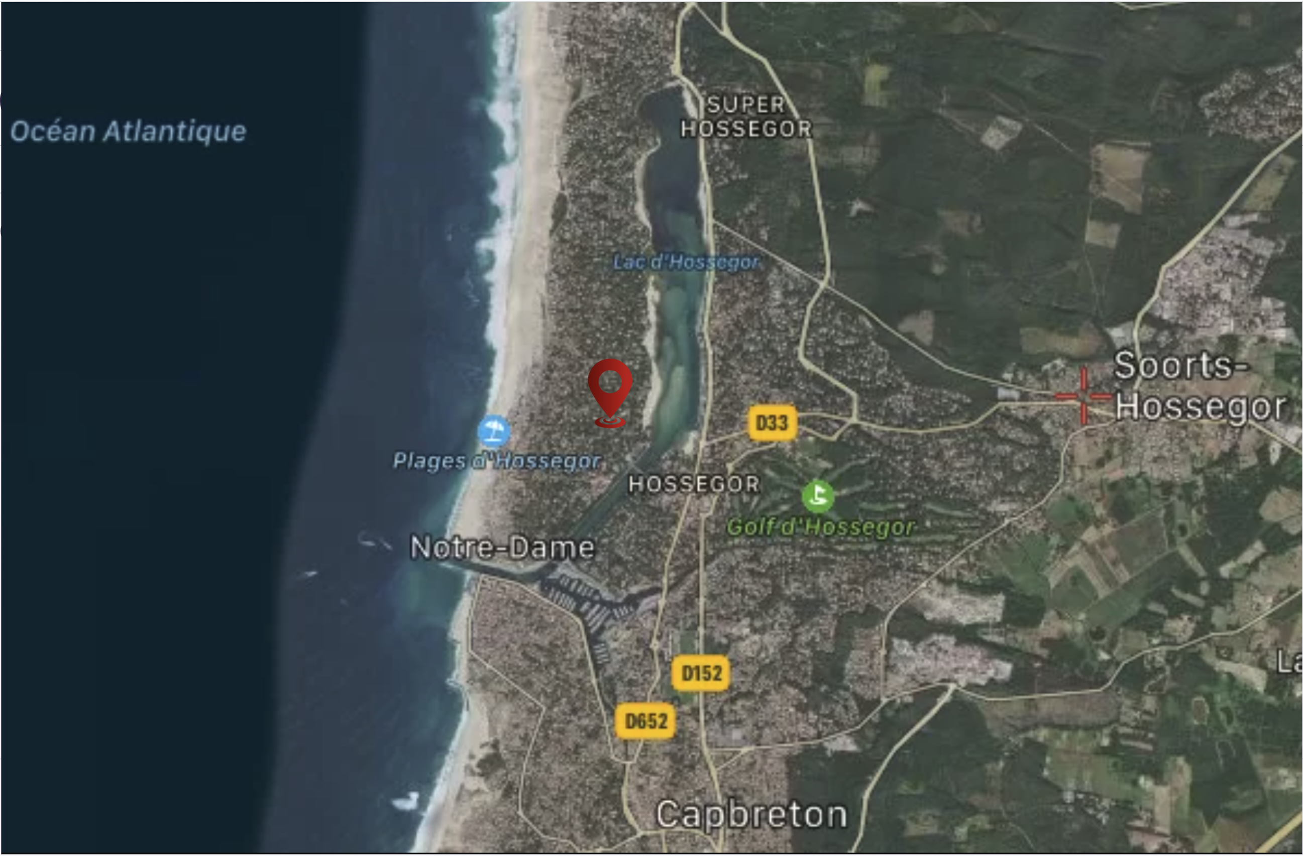 Plan de situation : la villa entre le lac d'Hossegor et l'océan Atlantique