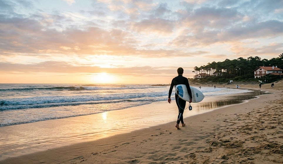 Surfeur sur la plage d'Hossegor au coucher du soleil